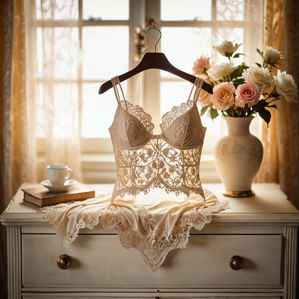 A soft-focus close-up of elegant lace and silk intimate apparel artfully arranged on a vintage dresser, with warm golden light filtering through a nearby window casting gentle shadows, evoking a sense of intimacy and allure. Include delicate flowers in the background and subtle textures to enhance the sensual atmosphere. super-realistic. warm tones. soft lighting.